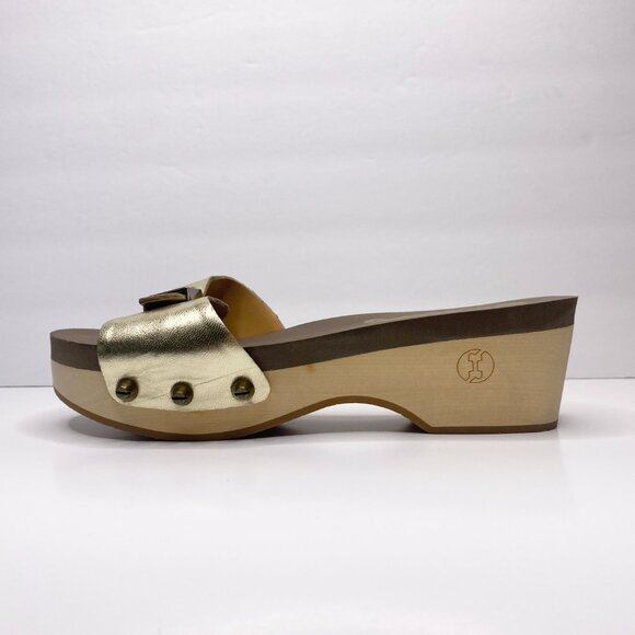 NWT Flogg Melanie Sandals Gold Leather Wooden Platform Retro Slides Y2K Size 7.5 - Picture 6 of 9